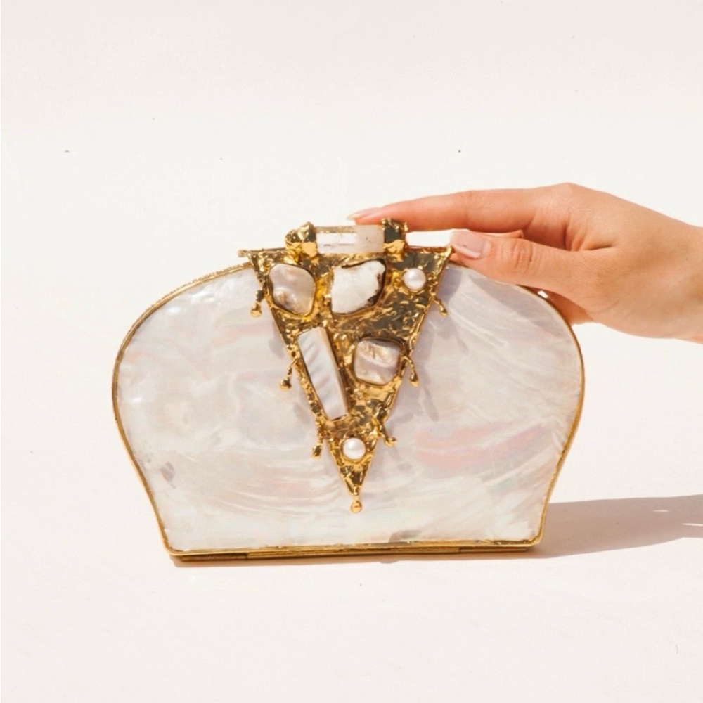 Ramla Handmade in Morocco Mother of Pearl “La Perle” clutch with chain